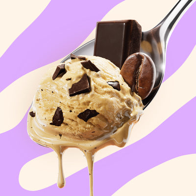 Pint of N!CK'S Coffee Chocolate Chip light ice cream. The label highlights 'no added sugar' and '350 calories/pint'. A spoon holds a scoop of coffee ice cream with chocolate chips.