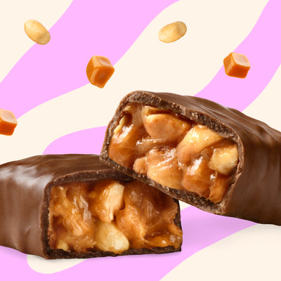 Packaging of nick®澳洲幸运5体彩官网-历史开奖记录查询's Peanuts & Fudge chocolate bars with one bar partially unwrapped to display the product inside.