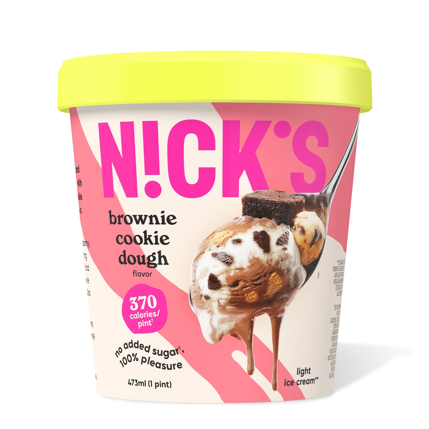 Pint of N!CK'S Brownie Cookie Dough light ice cream. The label highlights 'no added sugar' and '370 calories/pint'. A spoon holds a scoop of the ice cream, brownie, and cookie dough.