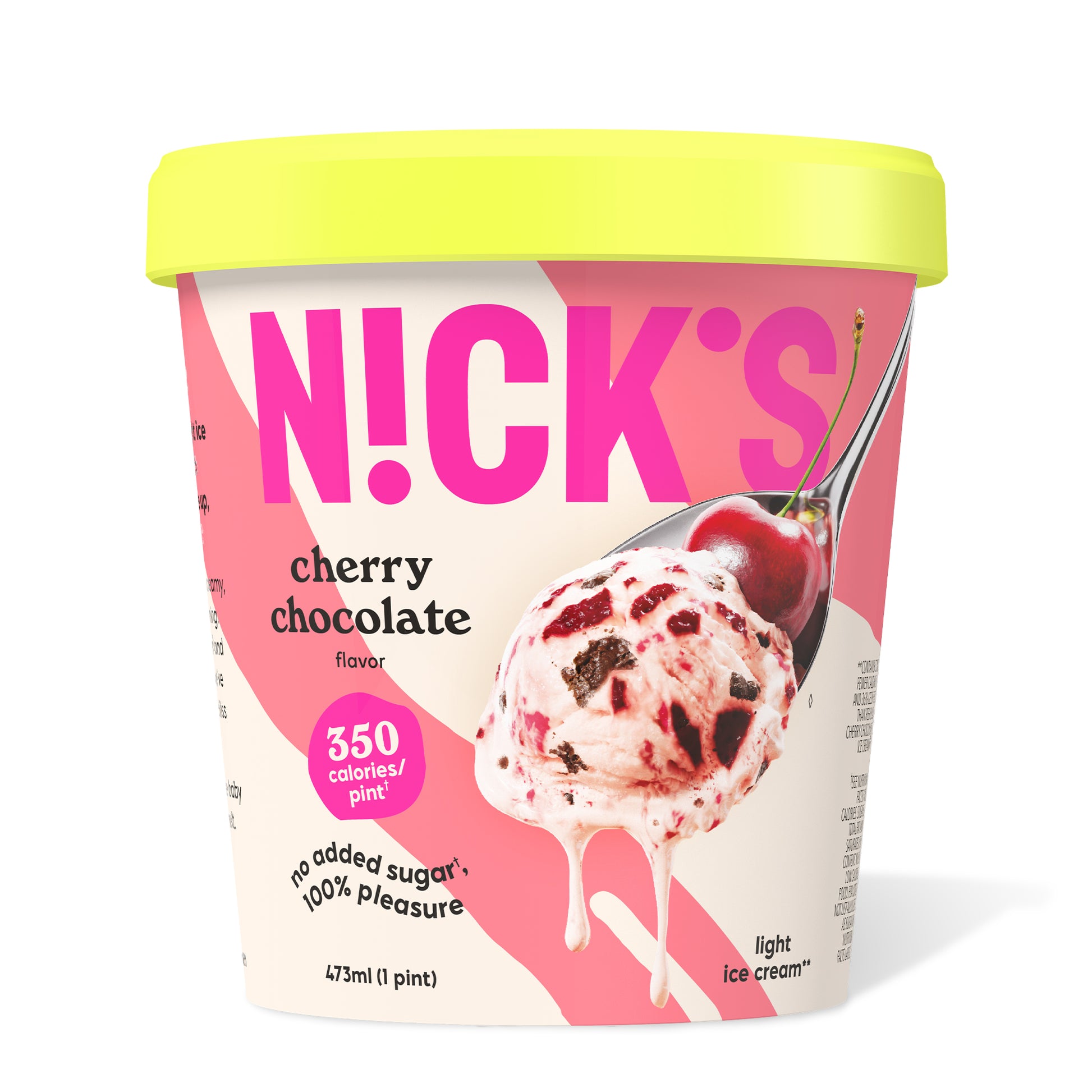 Pint of N!CK'S Cherry Chocolate light ice cream. The label highlights 'no added sugar' and '350 calories/pint'. A spoon holds a scoop of ice cream with cherry pieces and chocolate chunks, topped with a fresh cherry.