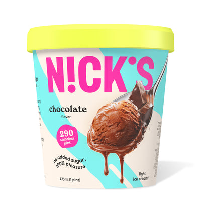 Pint of N!CK'S Chocolate light ice cream. The label highlights 'no added sugar' and '290 calories/pint'. A spoon holds a scoop of rich chocolate ice cream.