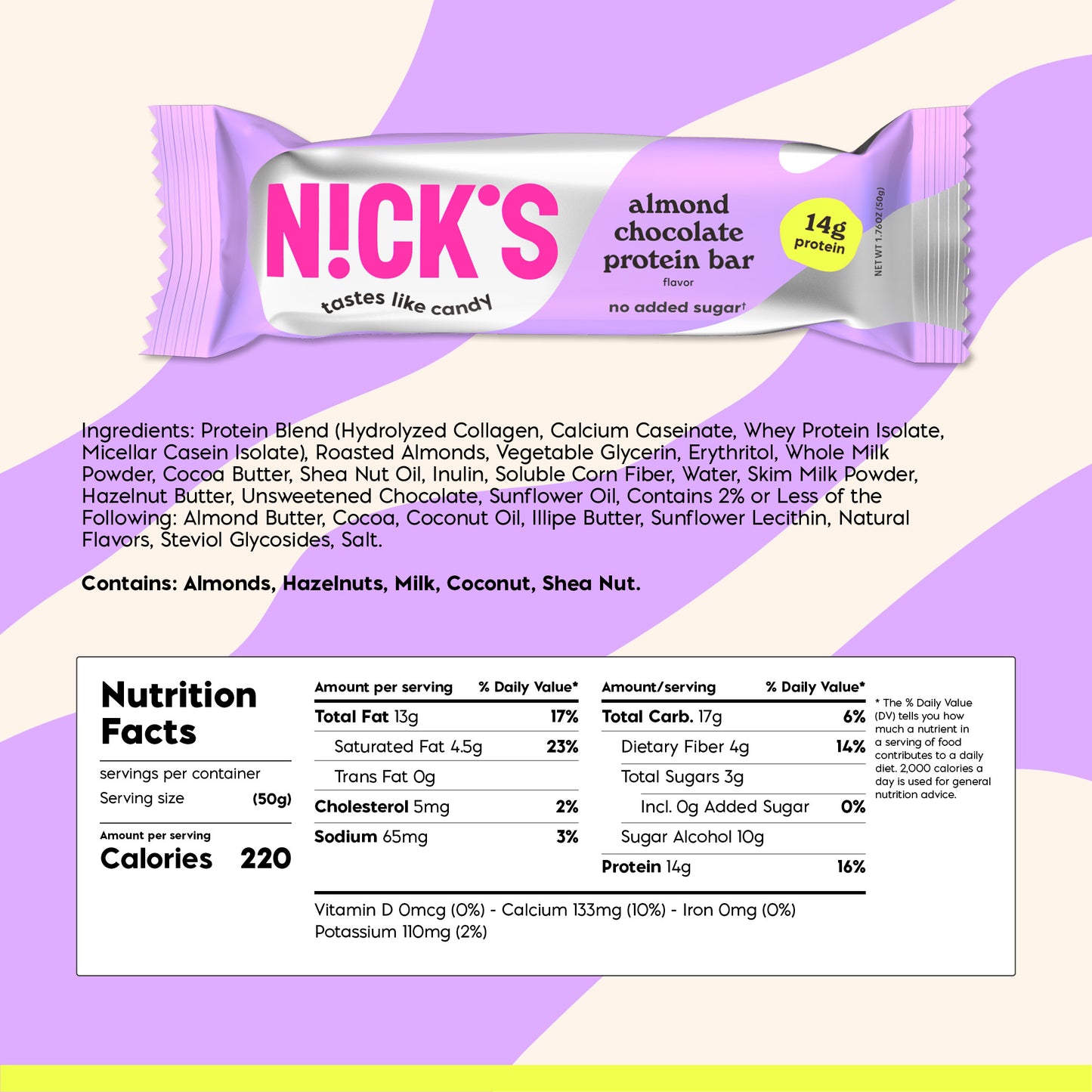 Nutritional facts table for N!CK'S Almond Chocolate Protein Bar, showing 220 calories, 14g protein, and 3g total sugar per 50g bar.