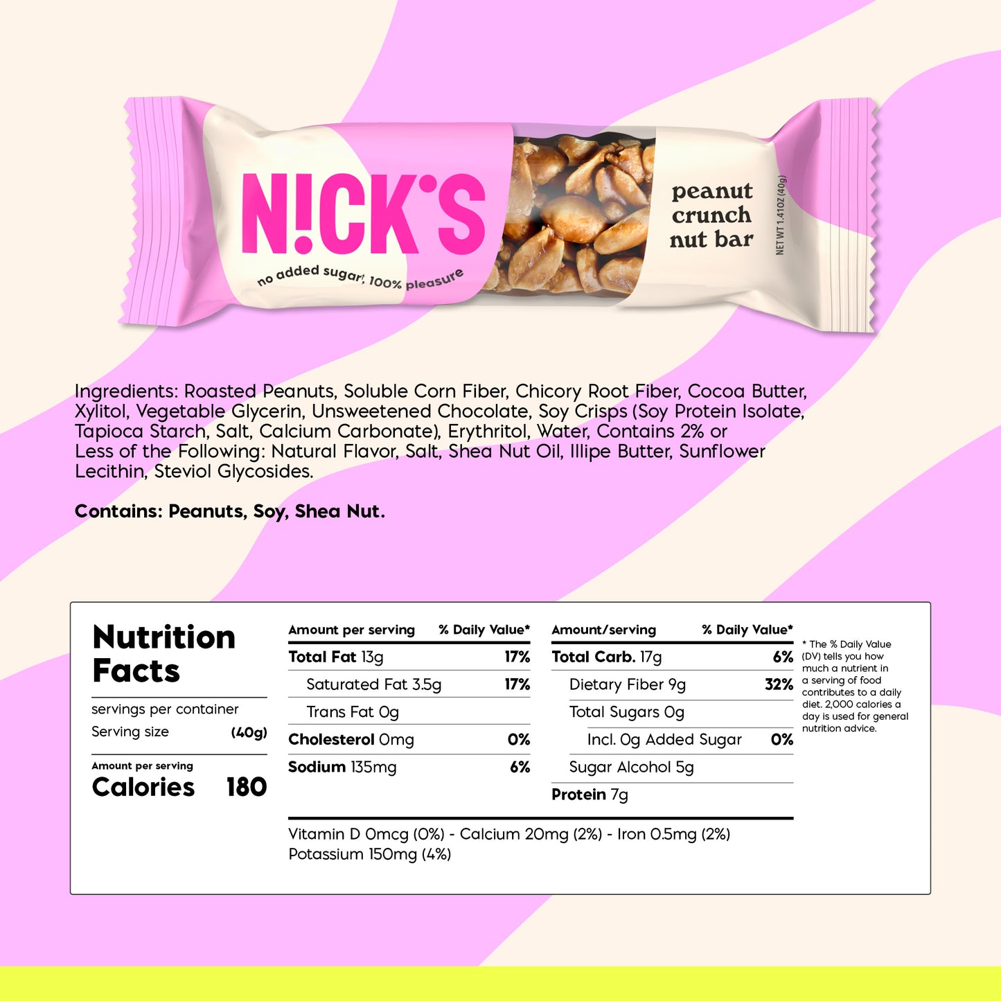 Nutritional facts table for N!CK'S Peanut Crunch Nut Bar, showing 180 calories, 7g protein, and 0g cholesterol per 40g bar.