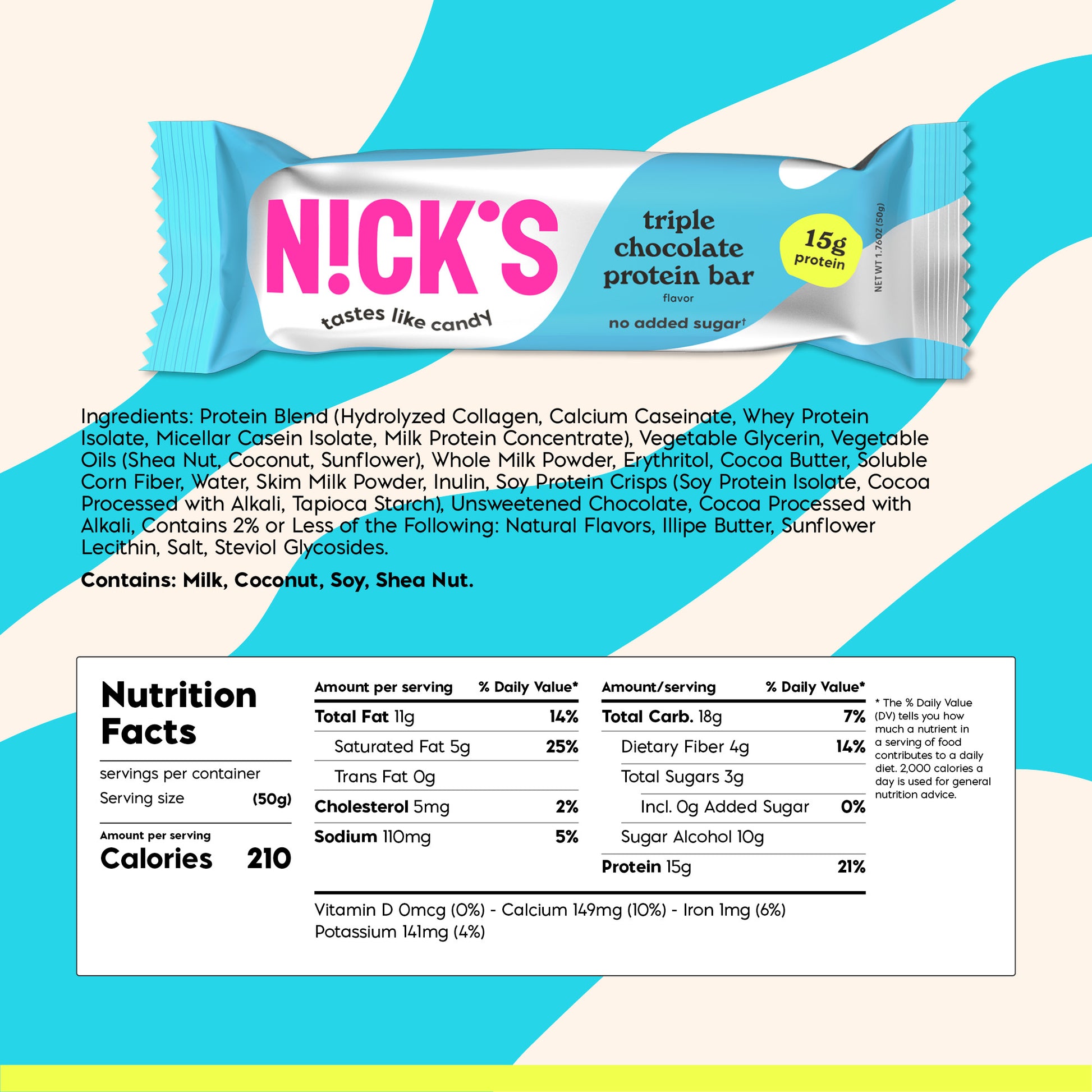 Nutritional facts table for N!CK'S Triple Chocolate Protein Bar, showing 210 calories, 15g protein, and 3g total sugar per 50g bar.