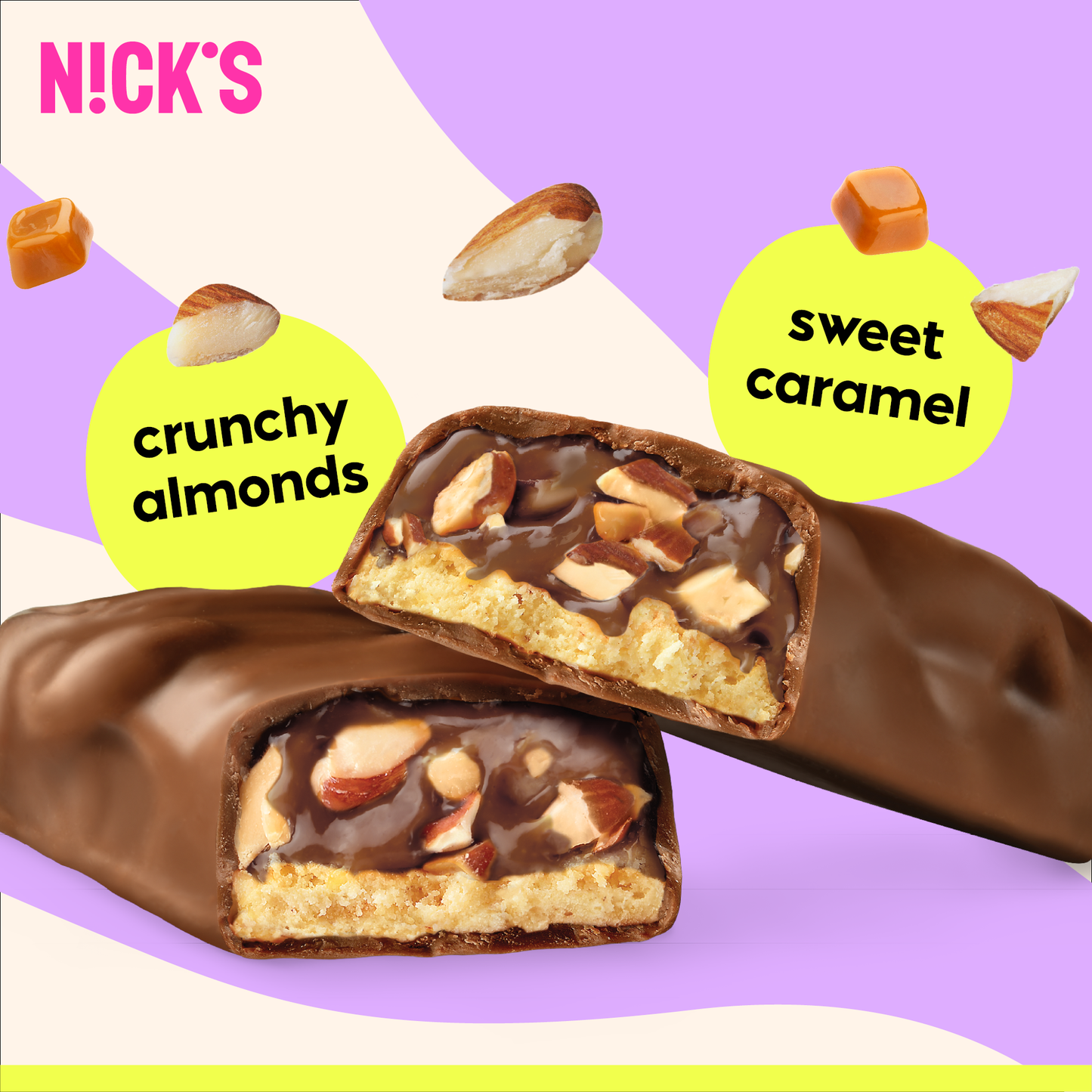 Close-up cross-section of a N!CK'S Almond Chocolate Protein Bar, clearly showing crunchy almonds, sweet caramel, and a chocolate coating.