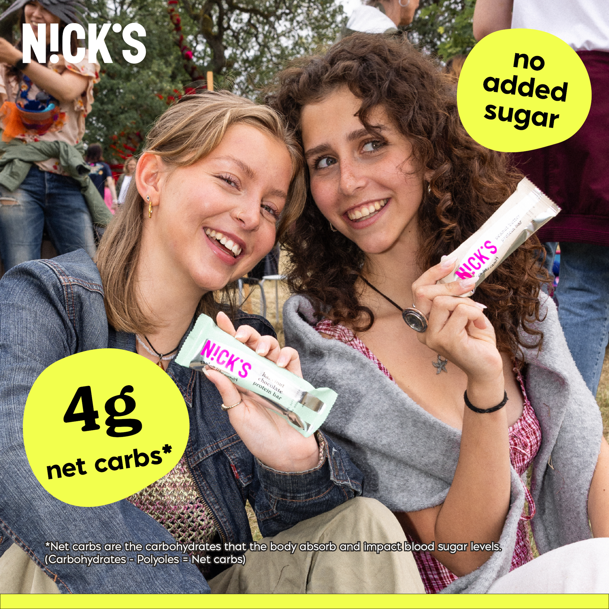 Two smiling young women outdoors holding N!CK'S protein bars. Text highlights '4g net carbs*' and 'no added sugar' for the low-carb, keto-friendly snack.