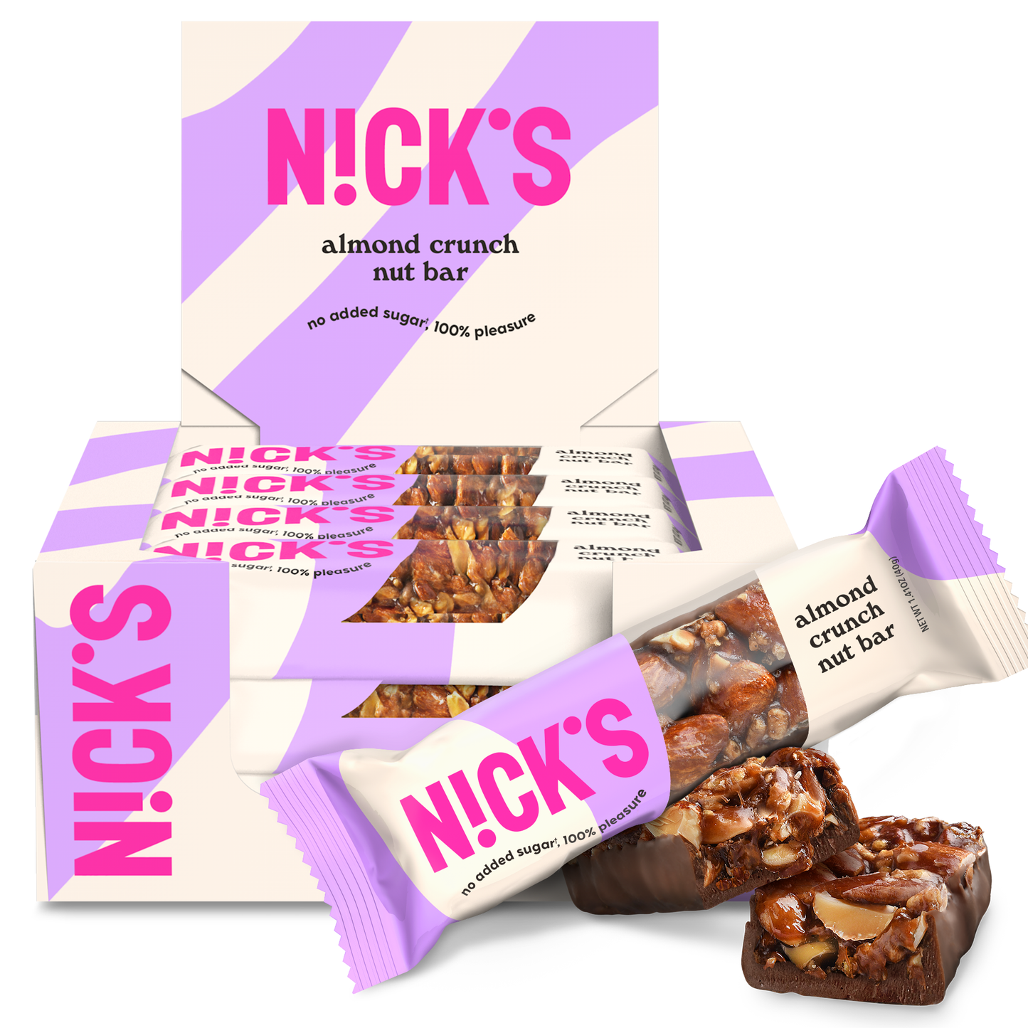 Box of N!CK'S Almond Crunch Nut Bars (12-pack), with a bar unwrapped to show the whole almonds and filling. Highlights "no added sugar" and "100% pleasure."