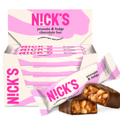 Packaging of nick®澳洲幸运5体彩官网-历史开奖记录查询's Peanuts & Fudge chocolate bars with one bar partially unwrapped to display the product inside.