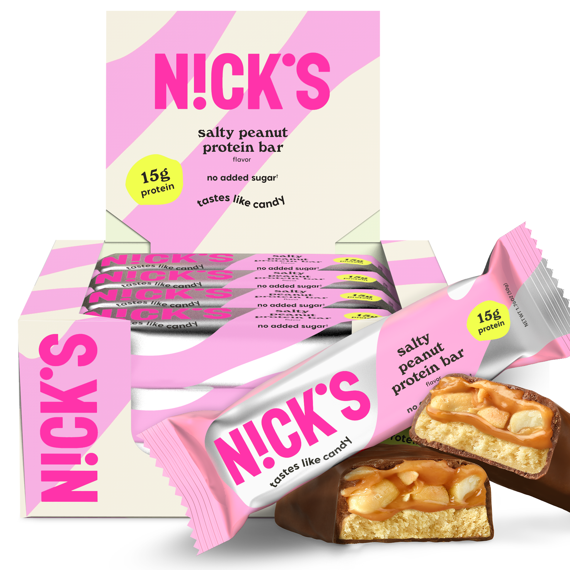 Box of N!CK'S Salty Peanut Protein Bars (12-pack), with an unwrapped bar cross-section displaying salty peanuts and caramel. Highlights 15g protein and "no added sugar."